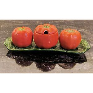 Vintage Tomato Pumpkin Salt Pepper & Sugar Shaker Set With Leaf Tray Occupied Ja